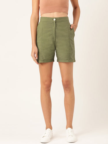 Women Olive Green Solid Regular Shorts - RueCollections